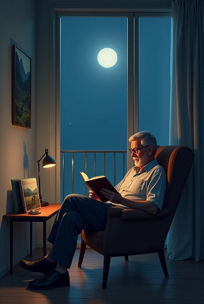 Create a cover with the image of a man alone sitting in a chair next to his balcony reading a book, an album cover next to the window with a moon and a serene night with a painting holding an empty landscape
