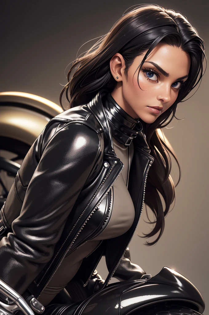 obra prima, melhor qualidade, ((only one woman,)) ((morgan ortagus, dark tan skin, full face and dimple cheeks, heavy facial makeup)) looking over shoulder at me, big erect cone , ((wearing metallic black leather biker moto jacket,)) ((jacket has padded shoulders, jacket has stiff high collar,)) (((wearing shiny black leather pants,))) body is very skinny, arched back, (((hand gripping handle tight, riding motorcycle, extreme closeup view, side front view of upper body,))) shallow depth of field, highres, HD, 8k, anatomically correct