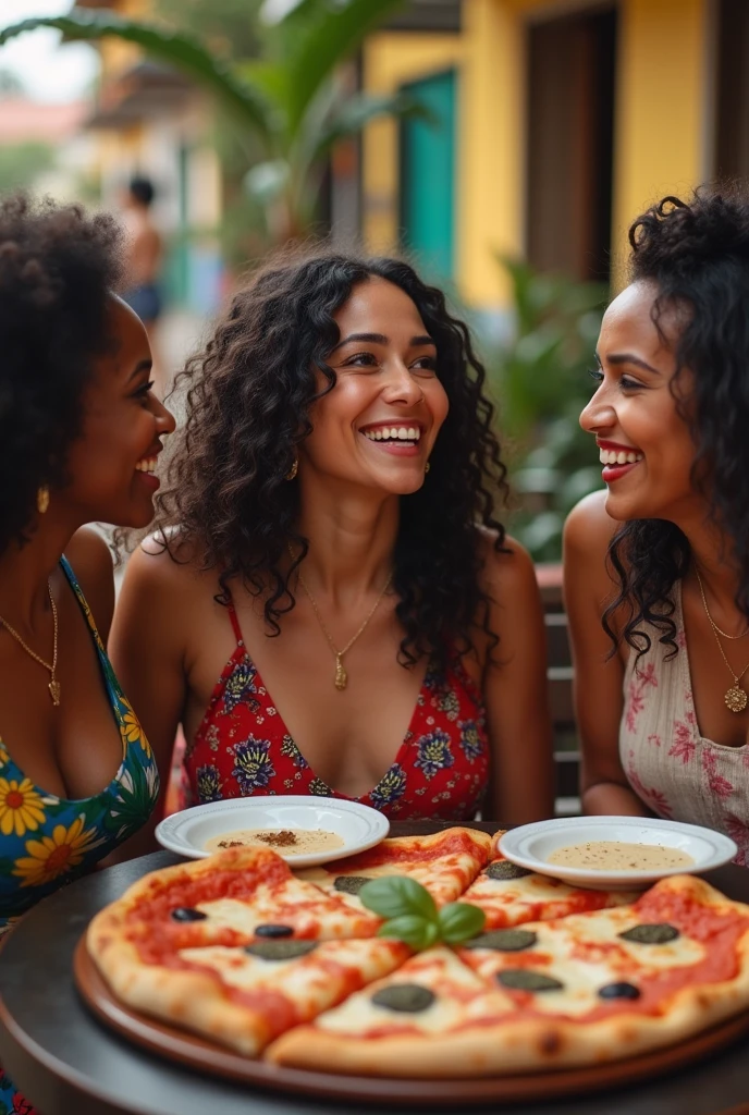 African woman accompanied by Asian woman and accompanied by American woman eating pizza in Brazil