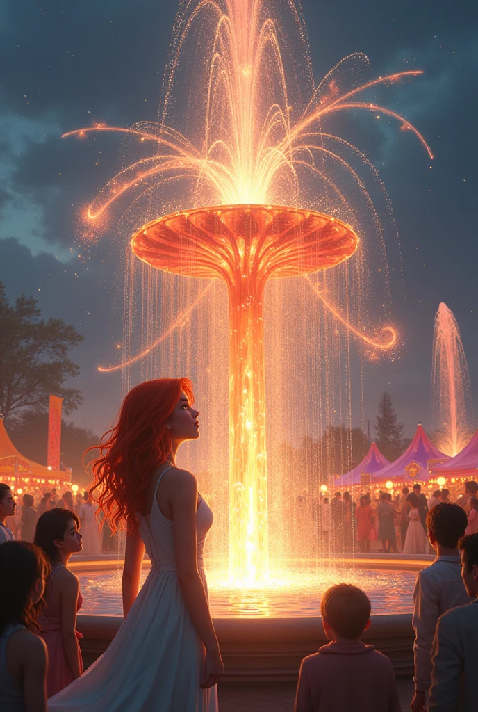 A big wish glowing magical fountain, almost unnatural , a colouful festival going on and people are all around, some making wishes too. But the main focus is on the Pretty girl making a wish, she has orange hair.