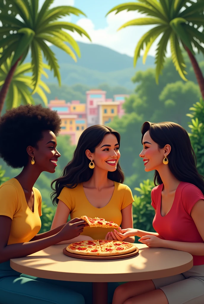 African woman accompanied by Asian woman accompanied by American woman pizza in Brazil