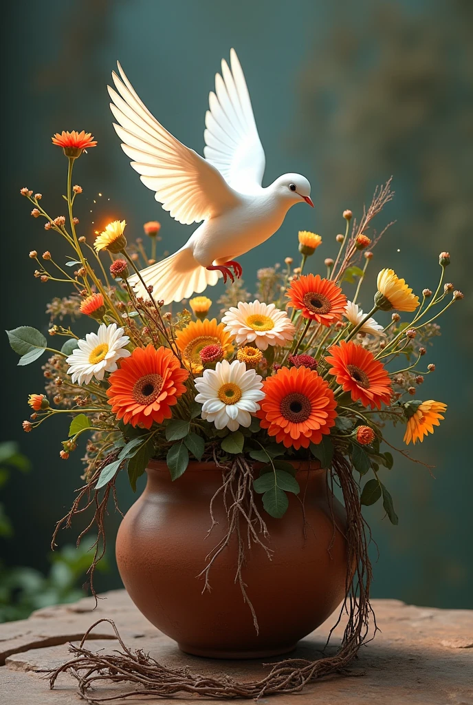 Rustic clay vessel with many flowers of all kinds and colors from which a dove emerges flying with air and fire and behind the same vessel with dry roots