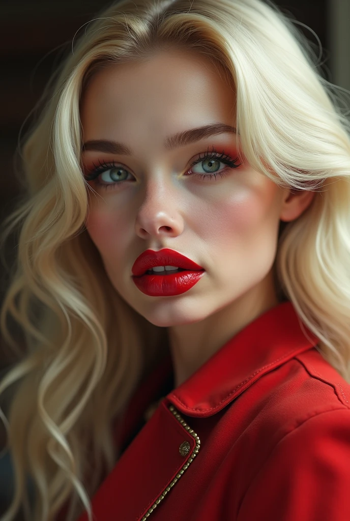 my nose is quite large and pointy, probably from all those grenades I survived. My cheekbones are high, giving my face an angular shape. My jawline is strong russian teen big fake lips red lipstick blonde
