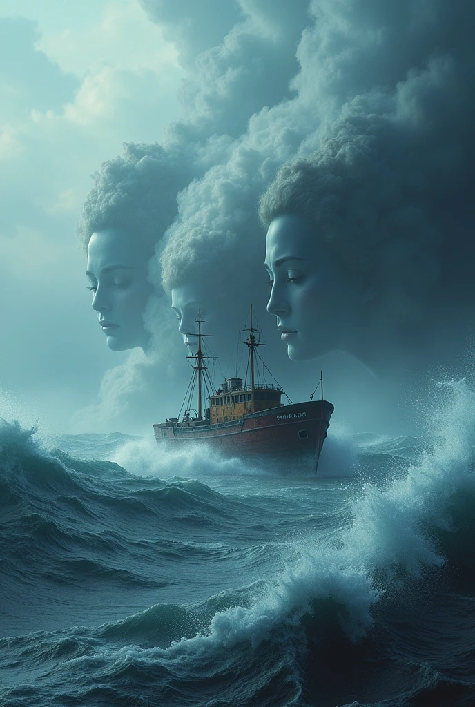 (Crab boat, Crab cutter, Stormy sea, Rough waves with women faces, raging storm, dramatic seascape, dramatic lighing, cold colors, atmospheric atmosphere, filmic, (best quality,4K,8k,highres,masterpiece:1.2),Ultra-detail,(realisti,photorealisti,photo-realisti:1.37),dramatic lighing,filmic composition,dramatic color palette,Epic proportions,Powerful waves,turbulent waters,gloomy sky,threatening clouds)