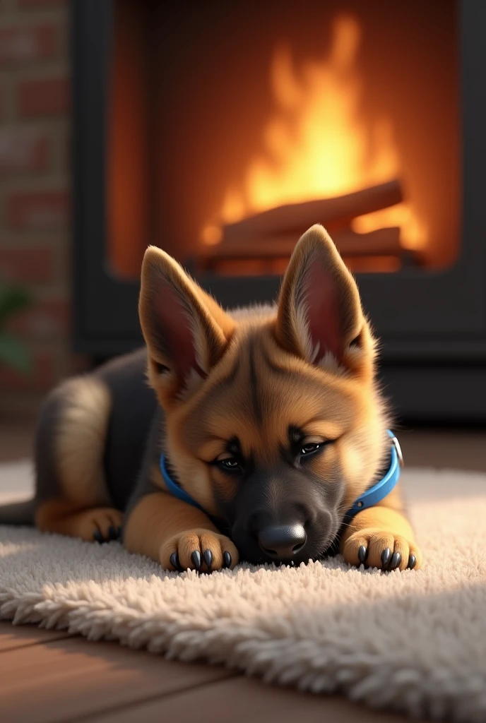 A German Shepherd puppy with a blue collar around his neck sleeping at home on a rug and behind him there is a fireplace