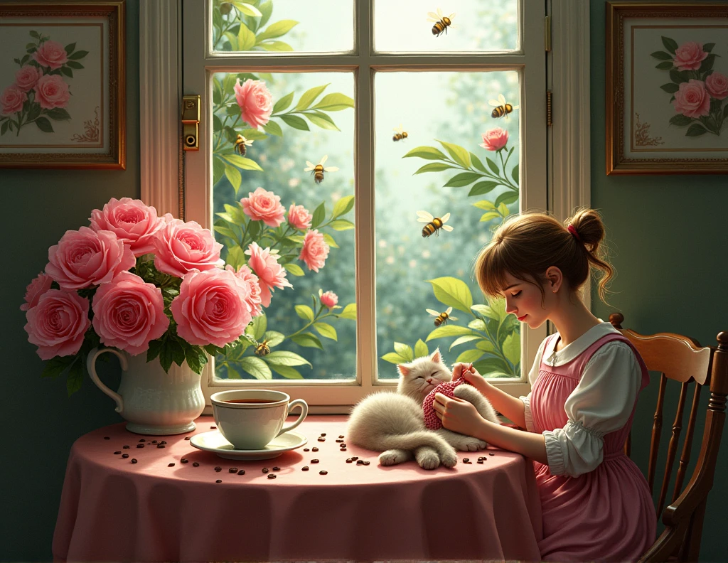create a table with a cup of coffee pink flowers and coffee beans near a window overlooking a tropical garden and bees flying over the roses with an antique atmosphere and a lady knitting and a sleeping cat