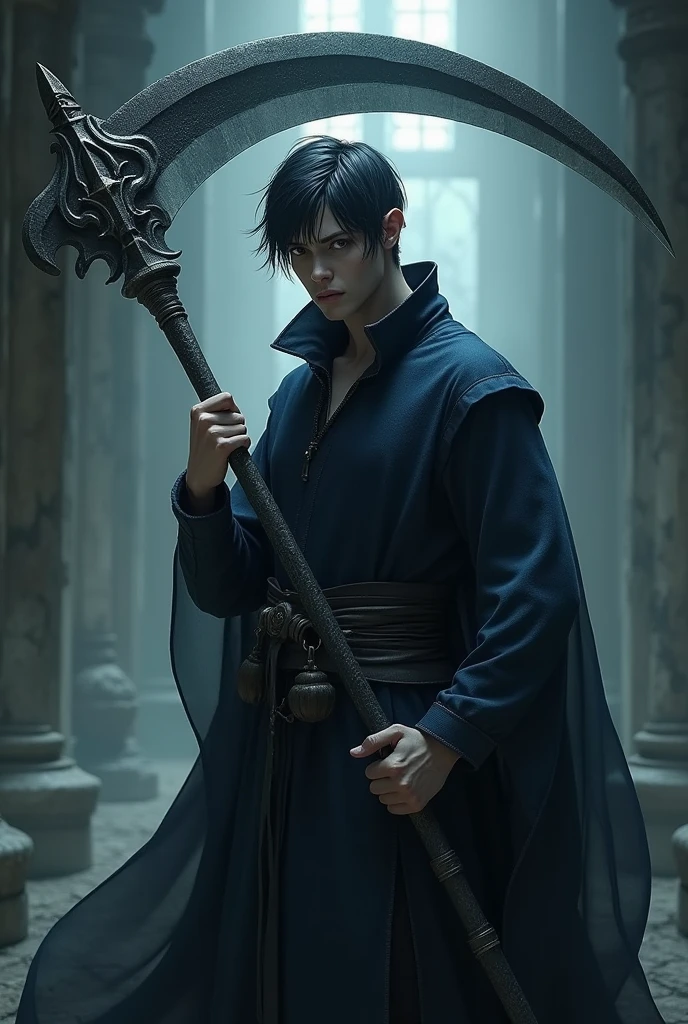 A half-elf man with short black hair, dark blue tunic with a large scythe