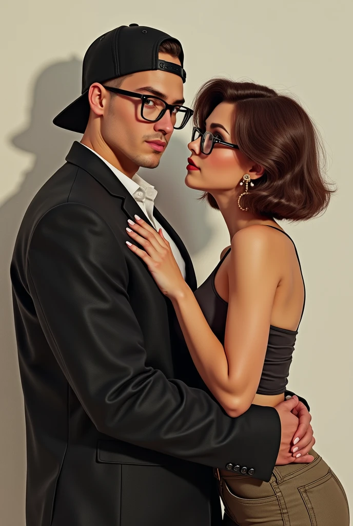 Create a couple, of a man with glasses and short hair wearing a backwards cap and a very hot busty woman with glasses and short hair who also looks like Velma, a bit chubby in body