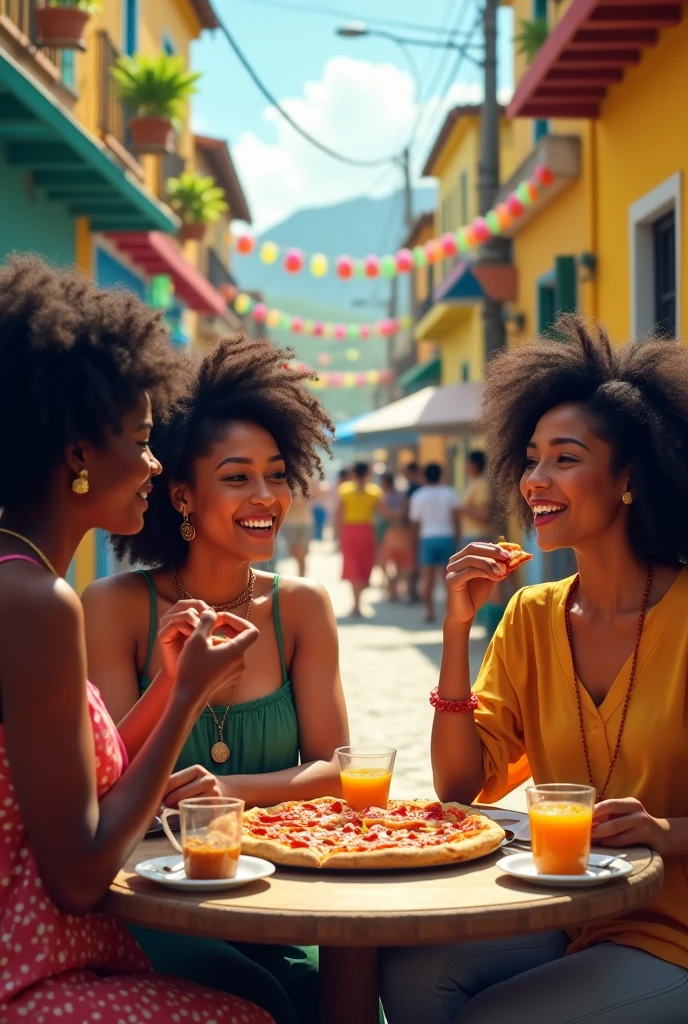 African woman with Asian woman with Latina woman eating pizza in Brazil