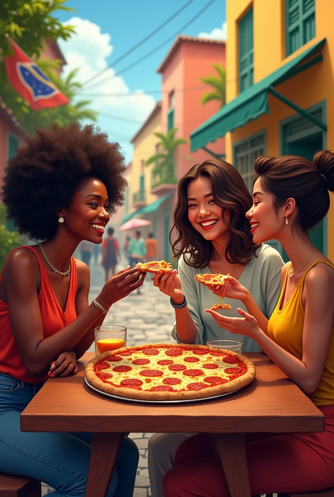 African woman accompanied by Asian woman accompanied by an American woman eating pizza in Brazil