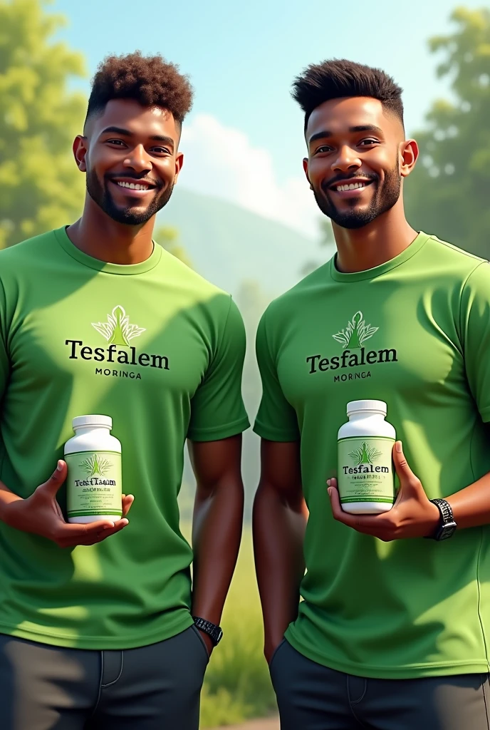 Men wearing tesfalem moringa t-shirt and holding bottle of moringa