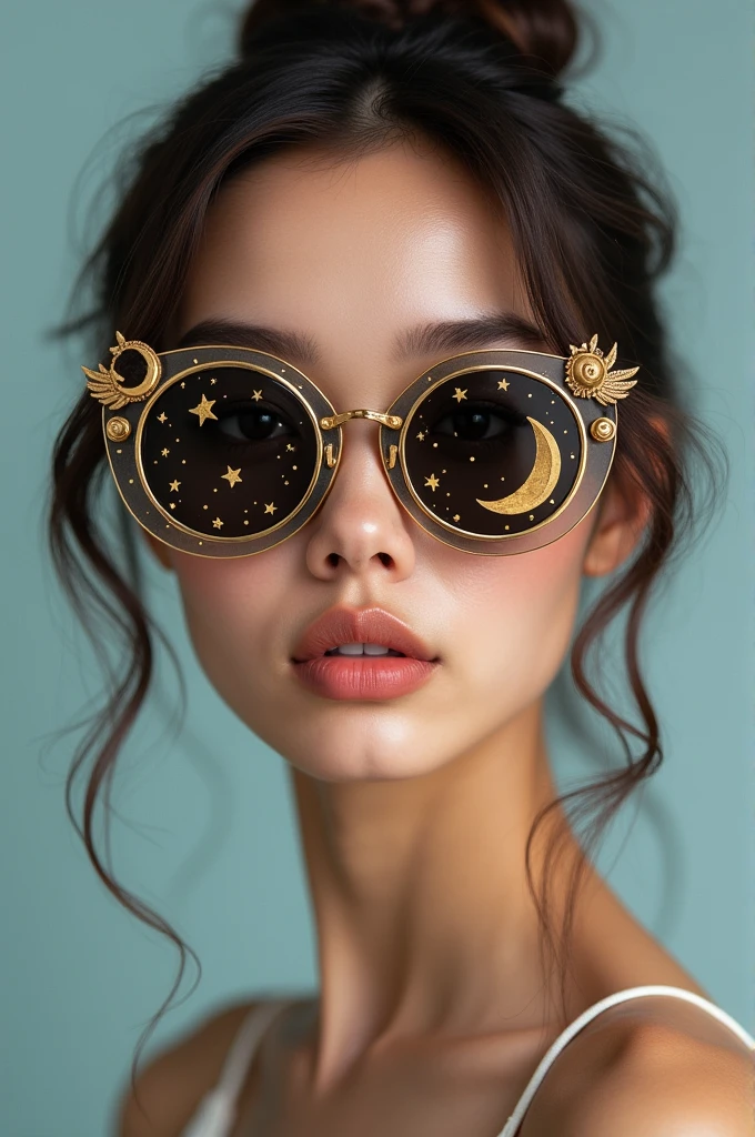 The model is wearing glass sunglasses with stars and the moon on the glass