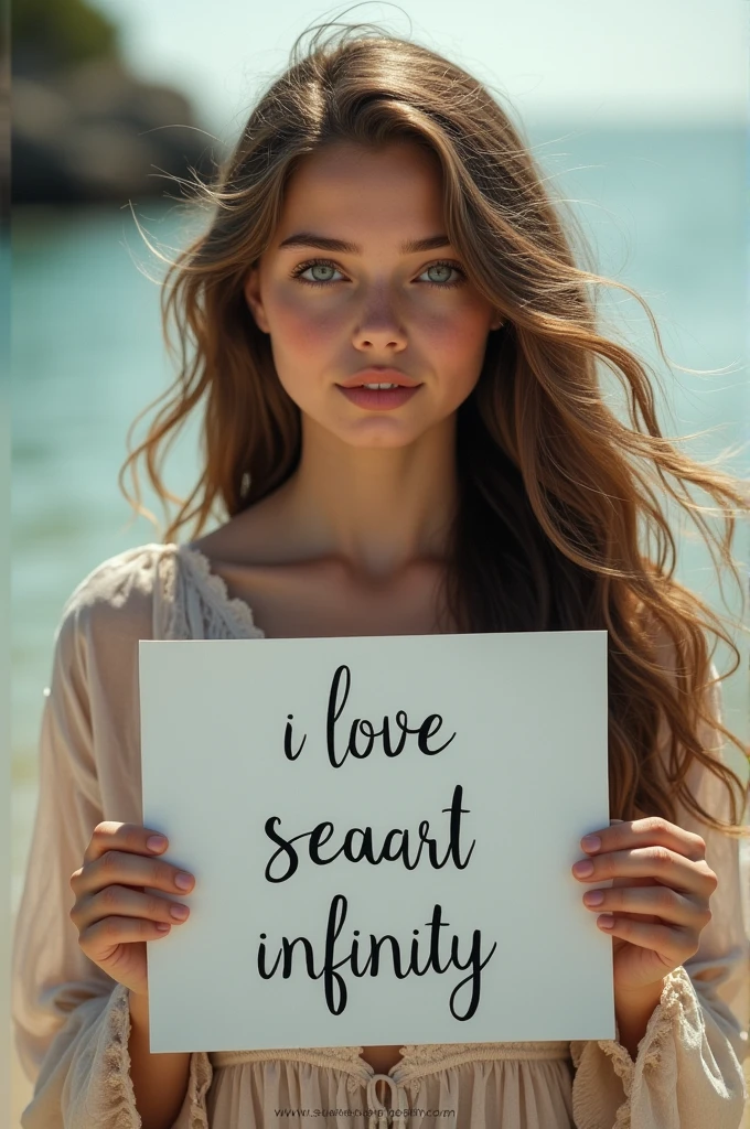 Beautiful girl with wavy long hair, bohemian dress, holding a white board with text "I Love Seaart Infinity" and showing it to the viewer