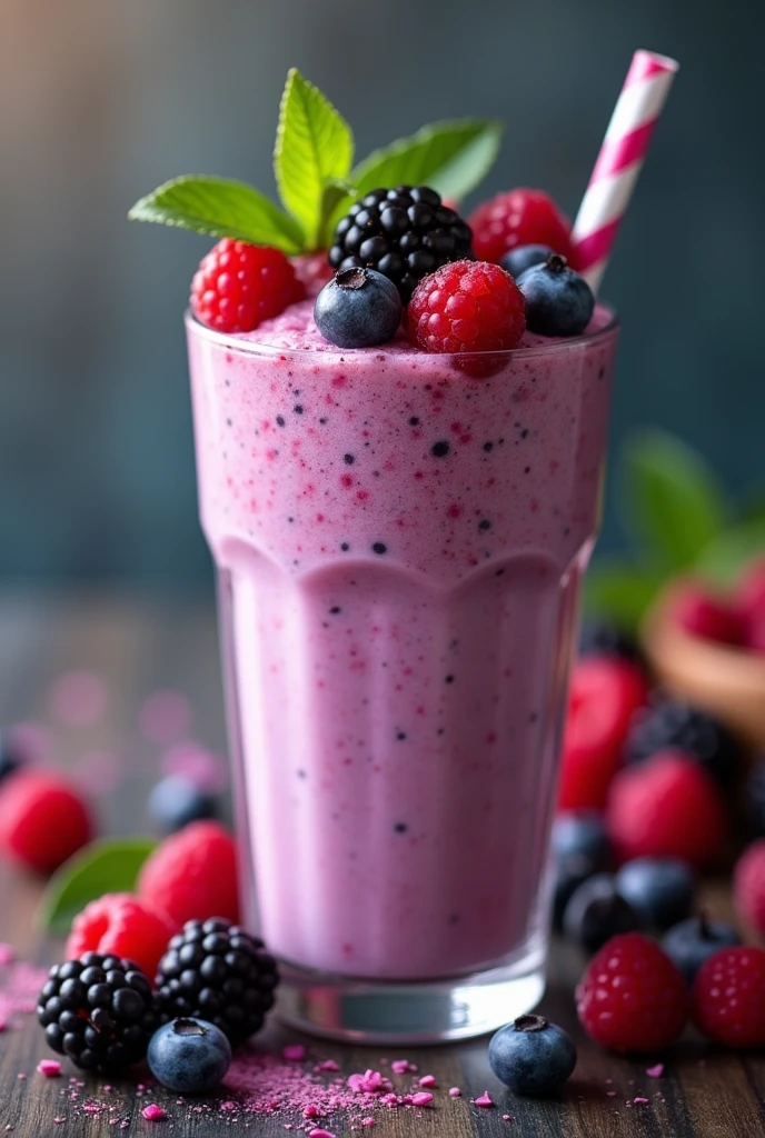 one milkshake with wild berries on top of the glass +blurred background