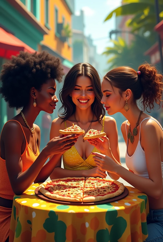 African woman accompanied by Asian woman accompanied by an American woman eating pizza in Brazil