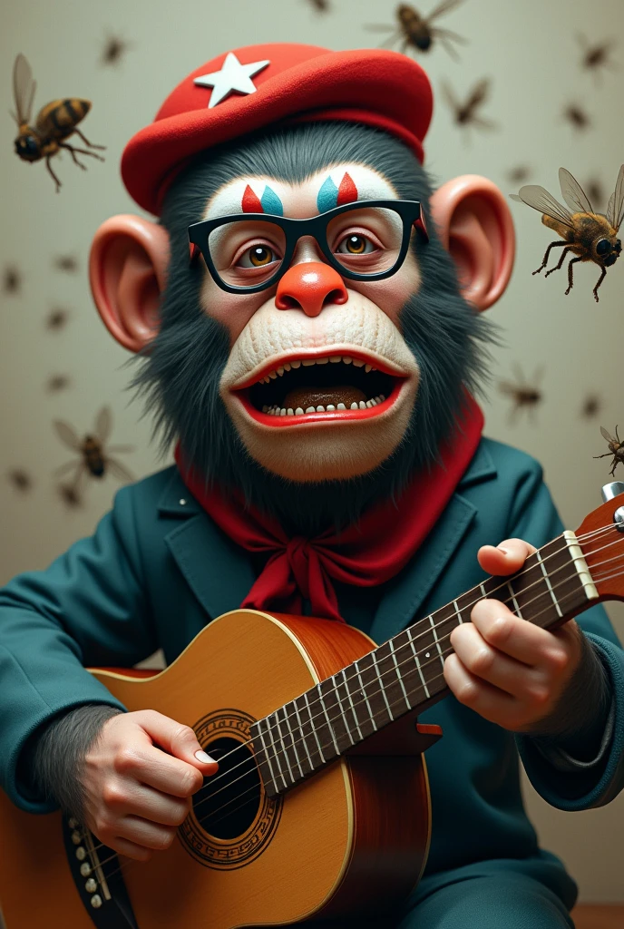 Create a full body image of an ape with a clown face paint, clown nose, using reading glasses, crying with many tears in his eyes and running down his face, with open mouth full of brown mud, with a red beret with a white star, a red scarf around the neck, with a wooden guitar in his hand, surrounded by flies.
