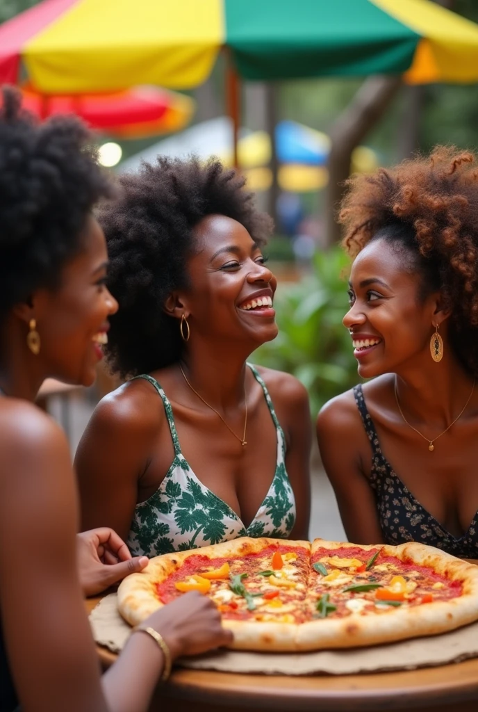 African woman accompanied by American woman and Asian woman eating pizza in Brazil