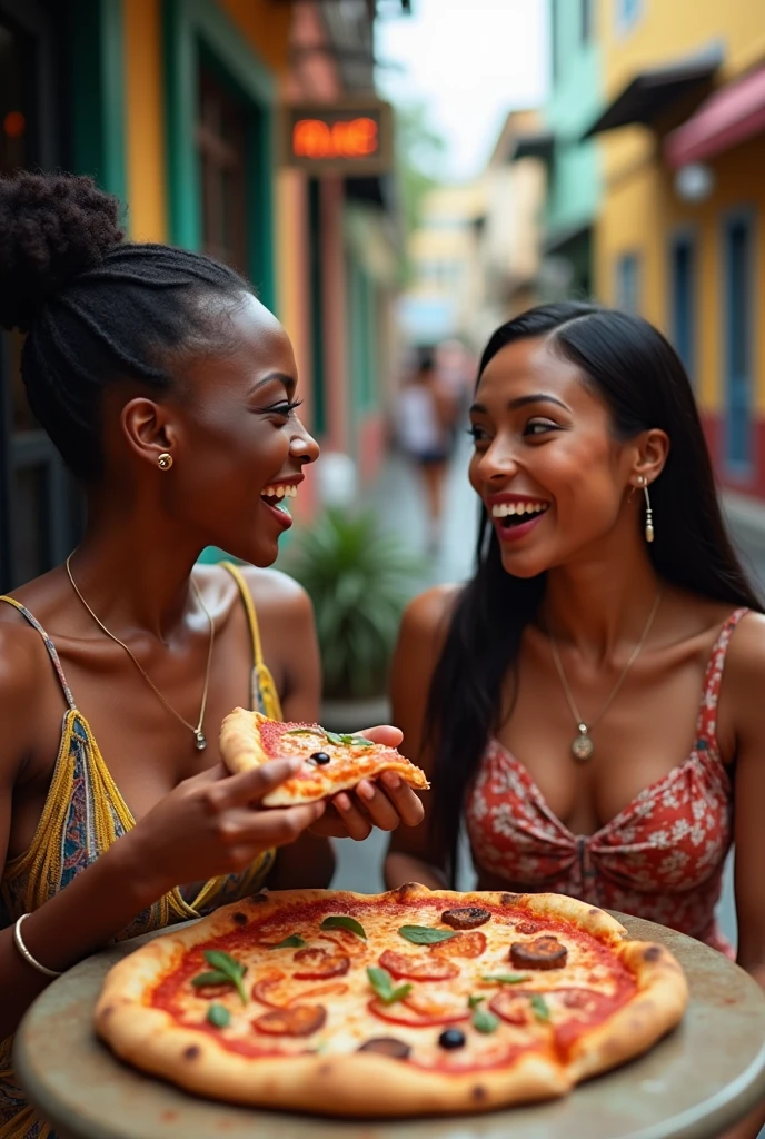 African woman accompanied by Asian woman eating pizza in Brazil