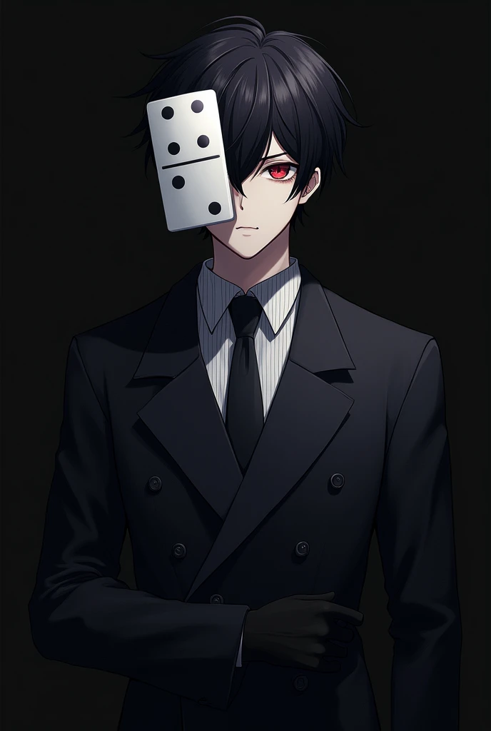 anime boy with short dark hair, pale skin and red eyes, a dark double-breasted suit over a pinstripe dress shirt. A thin dark tie is held tight around his neck. straight-toed shoes and dark fingerless gloves. Finally a white domino mask with the left side dark. 
