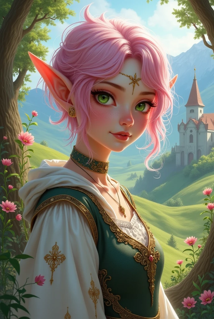 A white elf with short hair and light green eyes with pink hair wearing medieval clothes