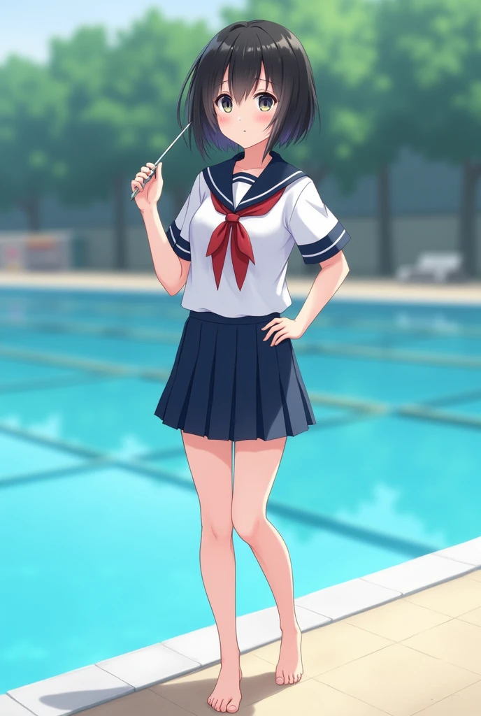 Standing by the empty school pool、middle School girls、Black short hair、Navy summer uniform、Shaved pussy、barefoot、cute、smile、Full body portrait