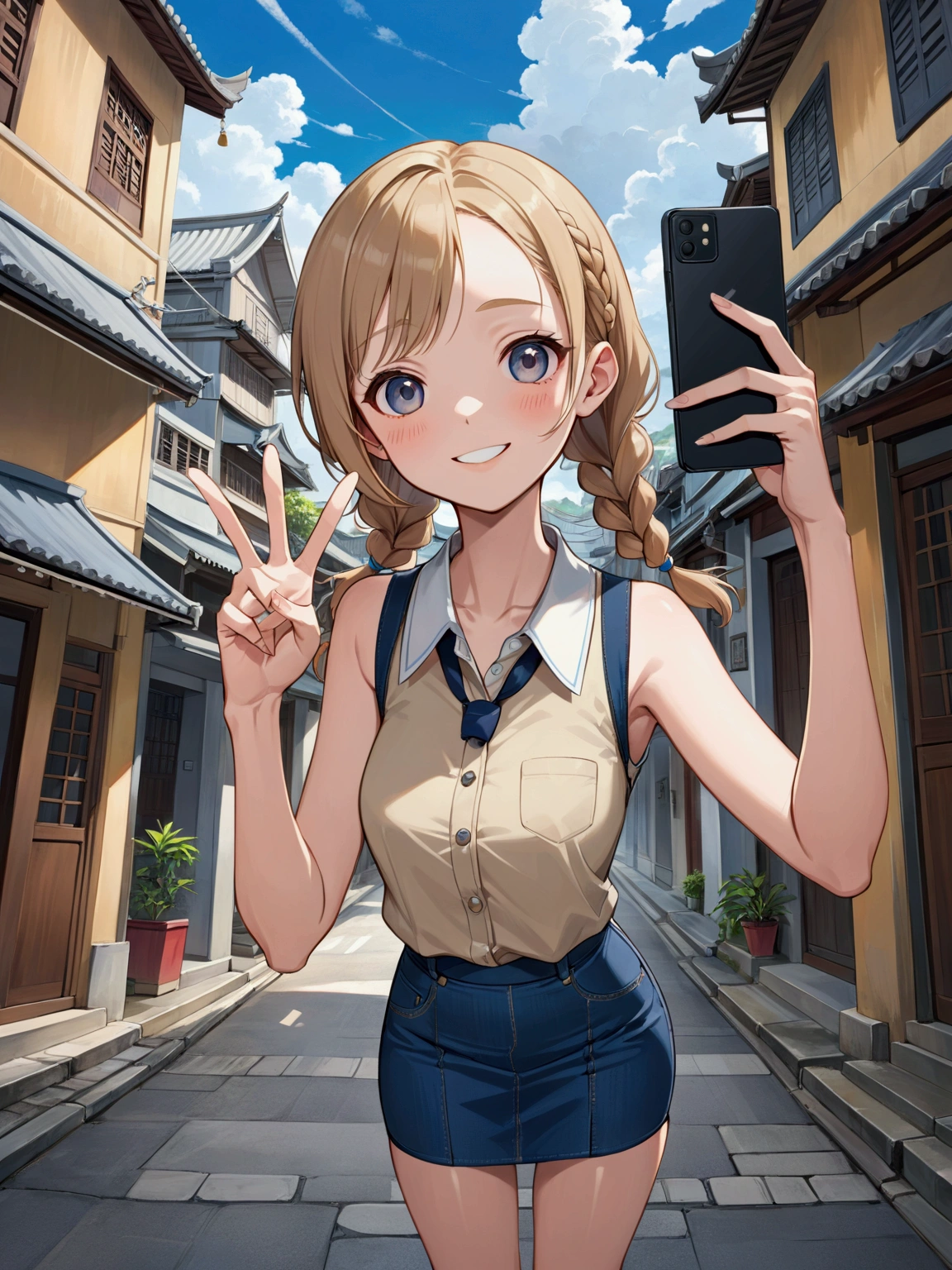 realistic anime illustration of pretty young damsel at Phuket old town, she is selfieing by her smartphone and making v-sign hands, smiling, she has a brown double braids (forehead), wearing beige sleeveless collared blouse, blue-gray denim pencil mini skirt, (1girl, solo, full body), (masterpiece, best quality, Japanese anime style), (expressive eyes, perfect face, perfect anatomy)