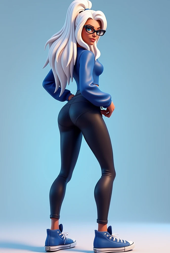 fortnite style girl, long white hair, Broad Hips, blue colored eyes, wearing glasses, Allstar Sneakers, sexy blue top blouse black leggings full body back