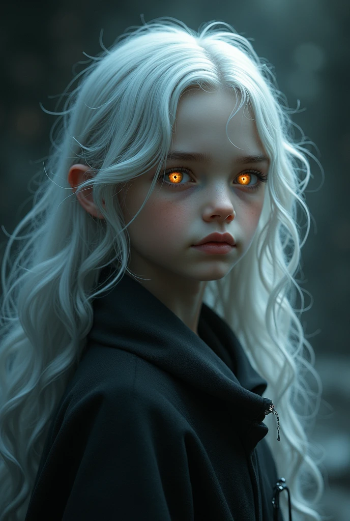Man with fine features, , with beautiful, long silky silver hair, and golden eyes, sponsored by a god of death.
