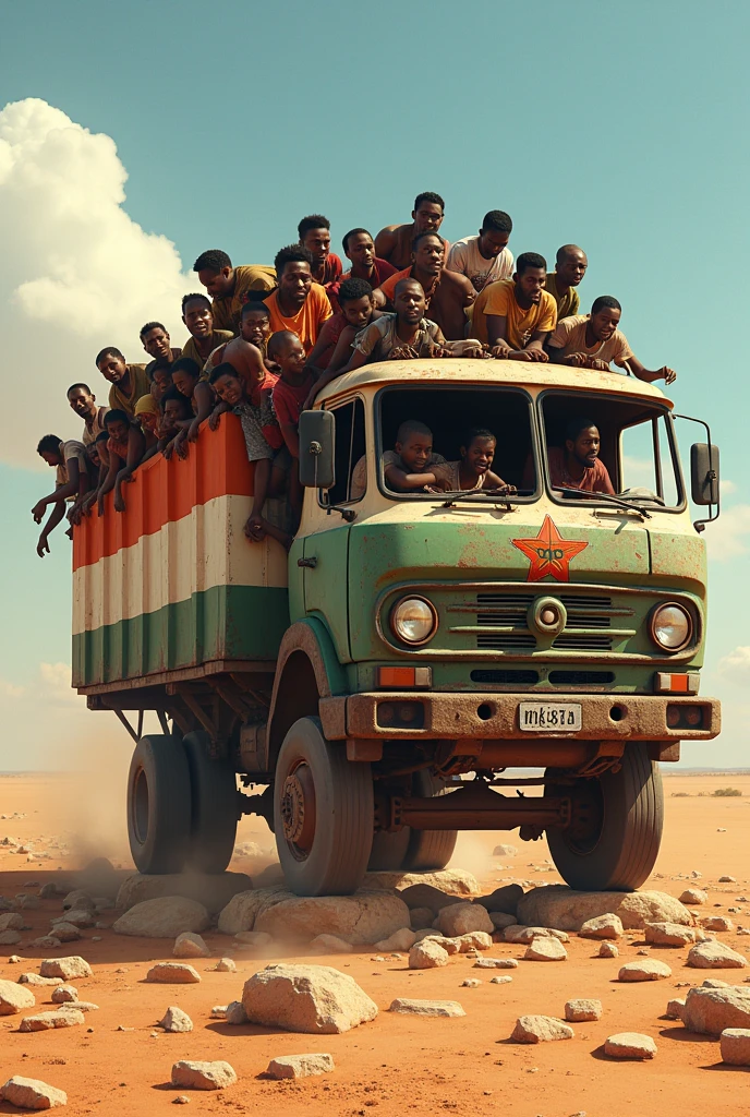 Generated an image of a truck in the color of the flag of Niger, full of desperate passengers, the truck has no wheels and is suspended on stones 