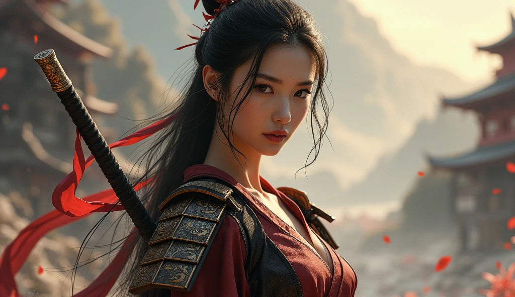 samurai woman, ((work of art, highest quallity, A highest quallity de imagem, high resolution, photorrealistic, CRU photo, 8k)), ((Extremely detailed 8k unified CG wallpaper)), (huge stunning photo of goddess, Very hot and sexy, jaw dropping beauty, perfect proportions, Body cute, Slim Body Beauty:1.4),  