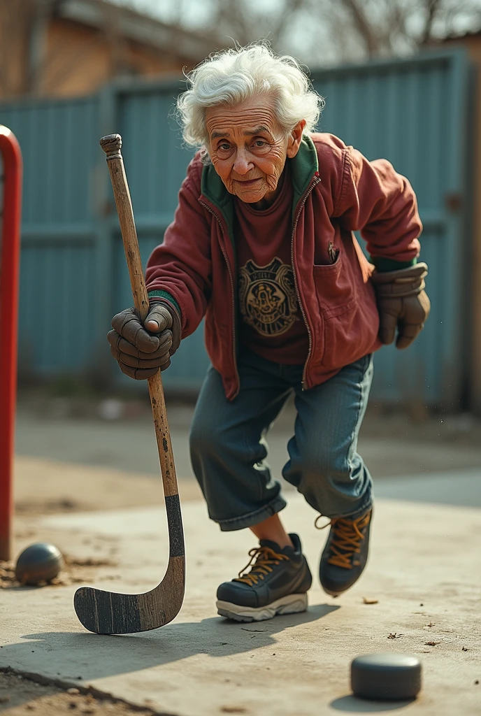 Old woman playing hockey on the ground