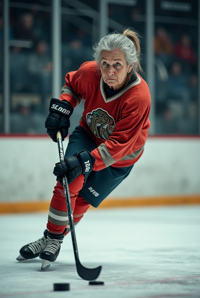 elderly woman playing hockey.