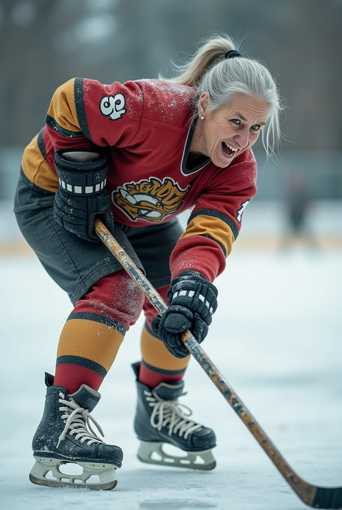 elderly woman playing hockey