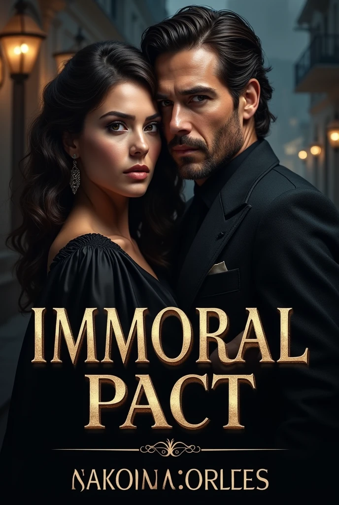 	• Bottom: A dark and elegant atmosphere that represents the opulent world of the mafia. It can be a luxurious mansion with a touch of mystery, or a night street in a city with diffuse lights.
	• Main Image: A close-up portrait of Ayla and Leonardo, with Ayla in a pose that reflects her determination and vulnerability, and Leonardo showing an expression of authority and control. Both could be dressed in sophisticated clothing to reflect the mafia context..
	• Typography: The title “Immoral Pact” in large, elegant letters at the top or center of the cover, with a style that evokes the tension and drama of the story. You can use a gold or silver color for the title to make it stand out against the dark background..
	•Additional Details: Include subtle details like a gun in the background or a shadow of an ominous figure to add an air of danger and intrigue..