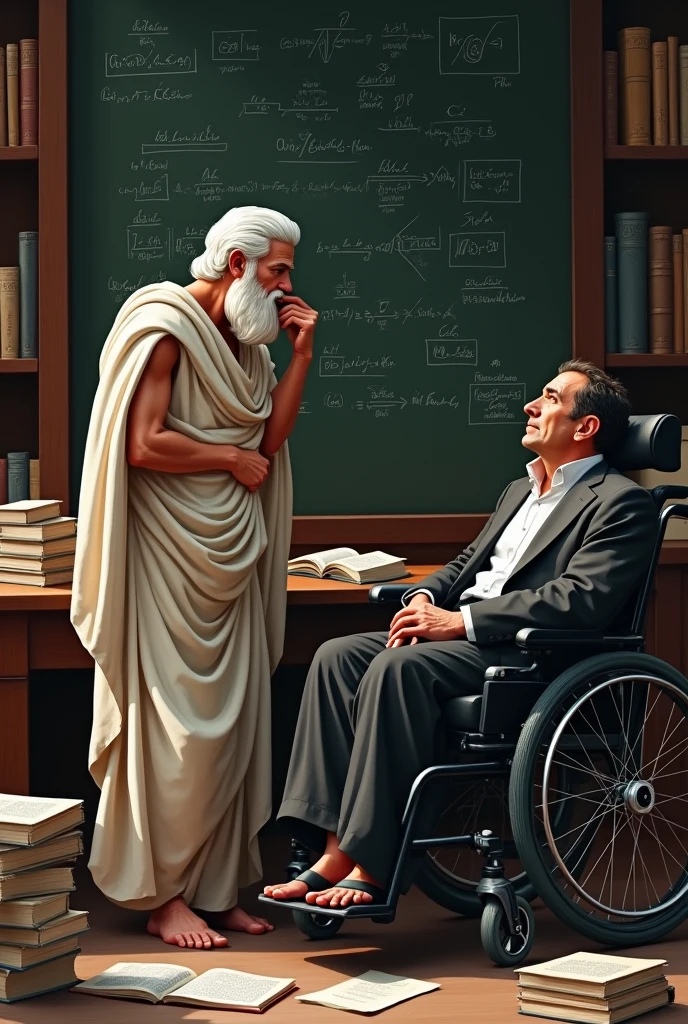 Aristotle who is rubbing his chin as if he is thinking and Stephen Hawking who is in a wheelchair and they are next to each other. Steven is wearing a modern suit, while Aristotle wears ancient Greek tunics. The two are surrounded by books and papers, with a blackboard in the background covered in equations and diagrams.