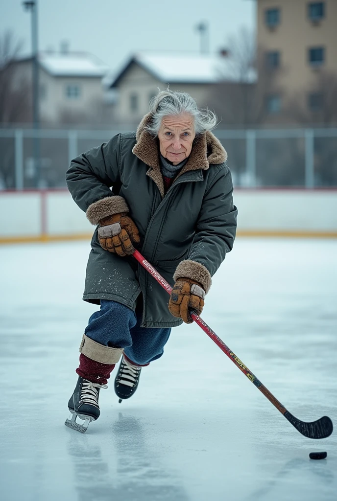 elderly woman playing hockey