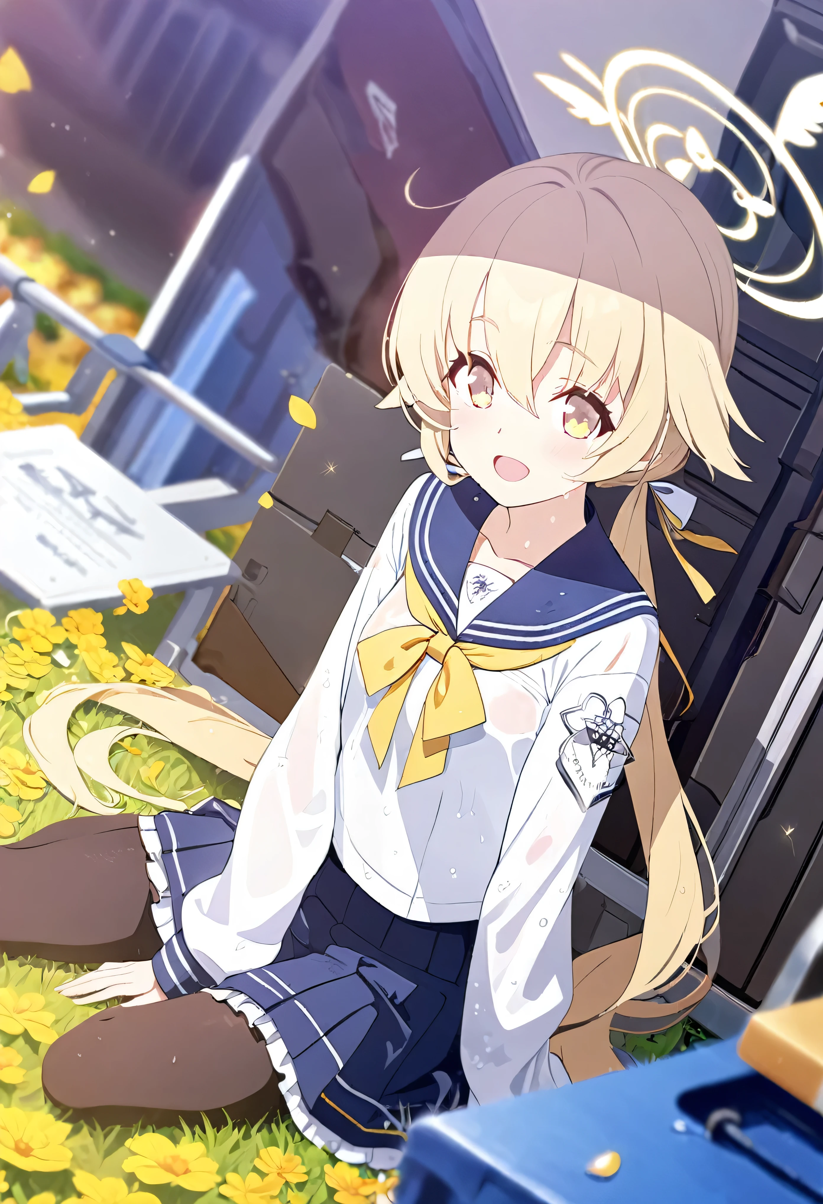 1 girl, masterpiece, Highest quality, wonderful, Beautiful attention to detail, In detail, Depth of written boundary, Highly detailed CG Unity 8k wallpaper, whole body, Hifumi Ajiya (Blue Archive), Hello, Sitting, , Sailor collar, smile, Blonde, Twin tails, Long Hair, low Twin tails, Hair Ribbon, Tied up, Yellow ribbon, Long sleeve, Blue Skirt, Pleated skirt, Frillsスカート, Frills, Black Pantyhose, Side blocks, Wing hair ornament, Hair between the eyes, Yellow Eyes, Open your mouth, Flower Field, Wet clothes,