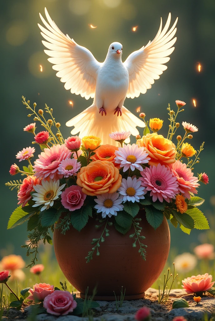 Rustic clay pot with many flowers of all kinds and colors and a white dove full of light flying with air and fire mixed with the flowers