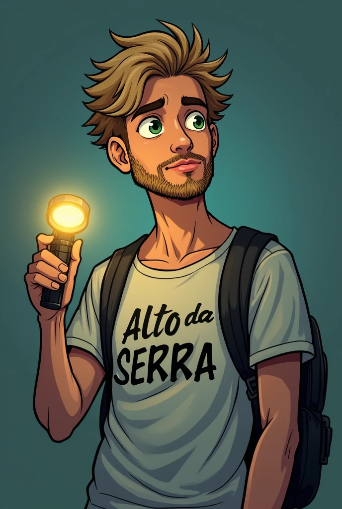 20 year old man with an expression of inquiry, with short blond beard, green-eyed man wearing a summer camp t-shirt that says Alto da Serra and a flashlight in his hand, half dark academia, Estilo da DC Comics, imagem sem fundo