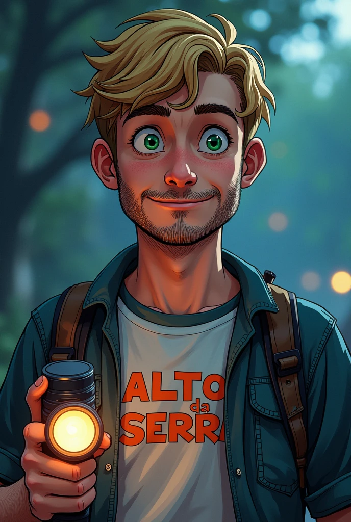 20 year old man with an expression of inquiry, with short blond beard, green-eyed man wearing a summer camp t-shirt that says Alto da Serra and a flashlight in his hand, half dark academia, Estilo da DC Comics, imagem sem fundo