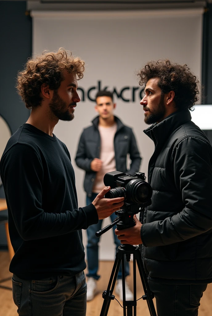 Photographic studio with 1 messy medium short curly hair man doing a photoshoot to a mans client. studios name is blackcrow in blackletter font