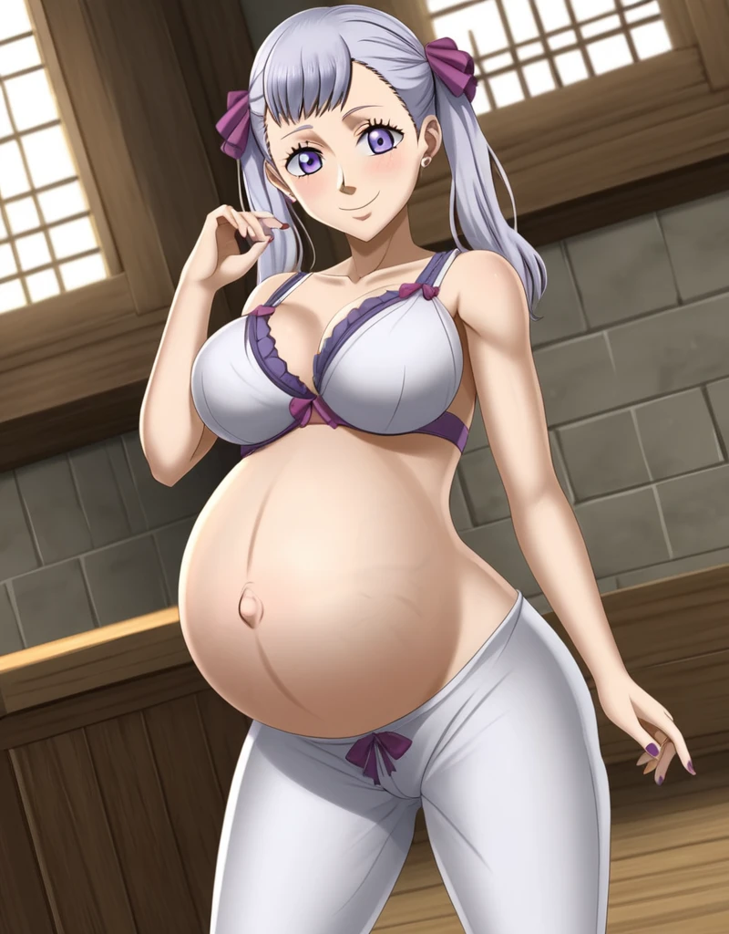 noelle_blackclover, Noelle Silva, Black Clover, long silver hair, waist-length hair, half-up half-down hairstyle, ribbon, side-parted bangs, almond-shaped blue eyes, high-quality, ultra-detailed, beast quality, 8K resolution,
looking at viewer, dutch angle, cowboy shot, smile, pregnant belly, large belly, big belly, big Breasts, belly button,
1girl,solo, indoors, happy, Smiling, rub belly,
full body, Nail polish,