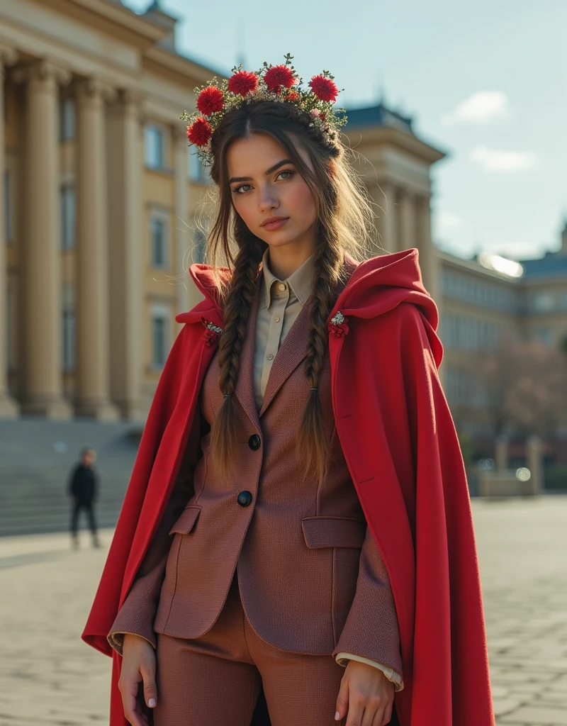 (glorious) crazy  ekin_turkmen in (sneakers|little red riding hood costume|suit with shawl),portrait,intricate detail,(crown braid,( hair flower):1.2,hands between legs,at Postwar Soviet architecture,in (Moscow, Russia|shop),midday,/1,14mm - 35mm  focal length,mascara,(skin details:1.3),(skin pores:1.3),art by  (Eugene Galien-Laloue),Kodak PIXPRO FZ152 16MP Digital Camera,
