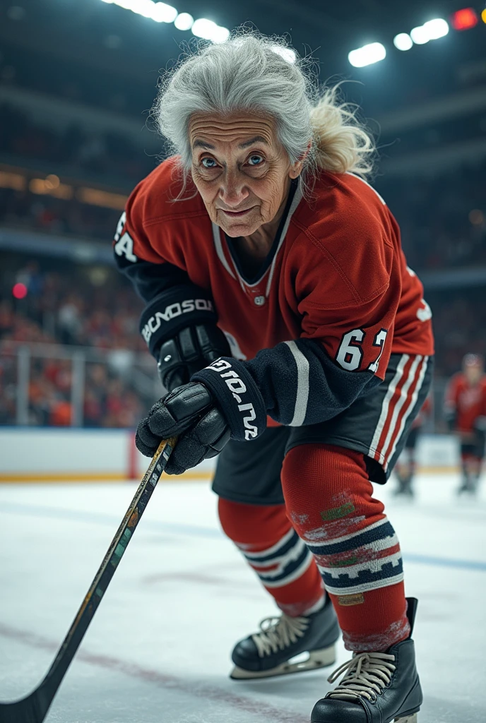 elderly woman playing hockey