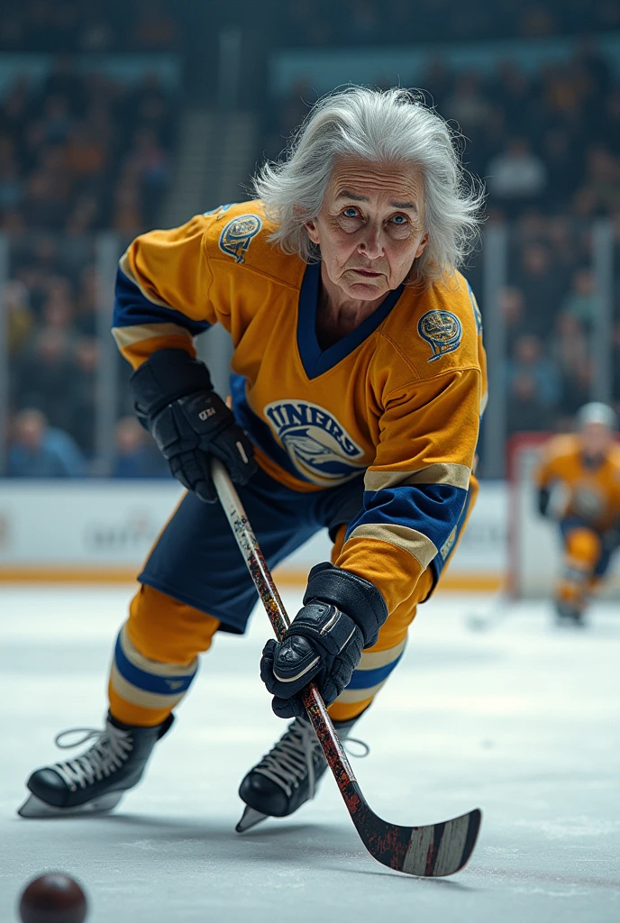 elderly woman playing hockey