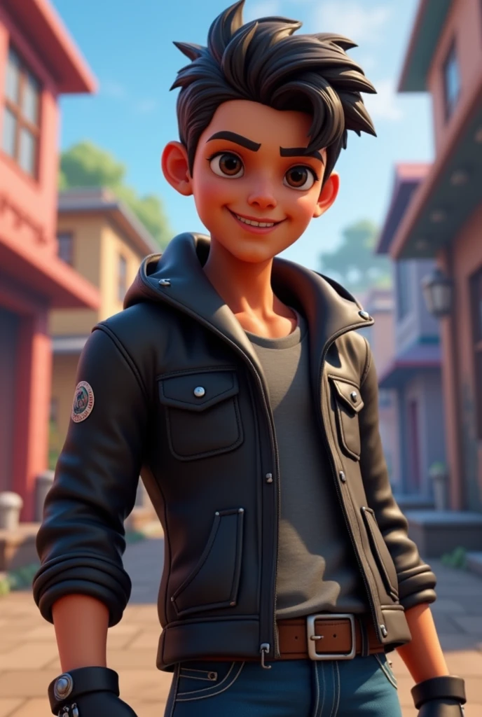 Fortnite skin, mexican boy, dark brown hair, brown eyes
black jacket, jeans, black gloves, head facing on side,