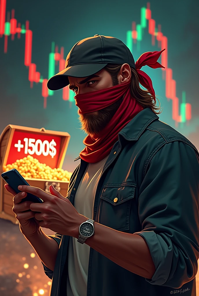 Create an image for trading. There is supposed to be a man in the picture. One wears a cap and a red bandana in his right hand. Should he wear a wonderful money. In the left hand should look at his mobile phone. In the picture you should see a treasure in the background on the chart there should be red and green candles and behind it there should be +1500 $ Stand,  he should have a bandana on where you can&#39;t see him the guy should look aggressive