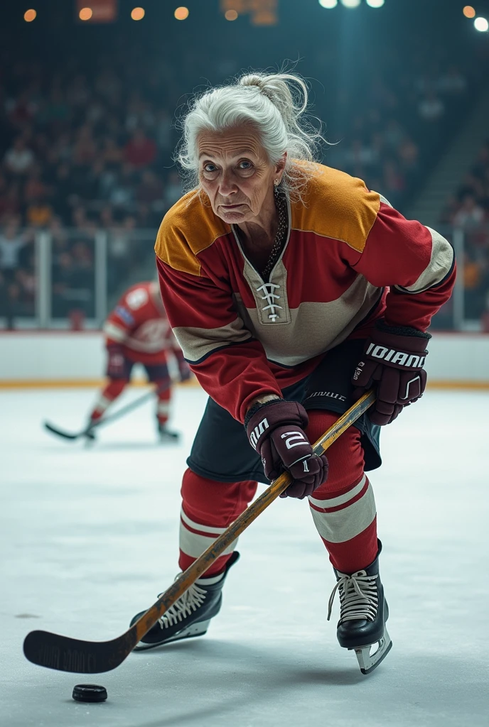 elderly woman playing hockey