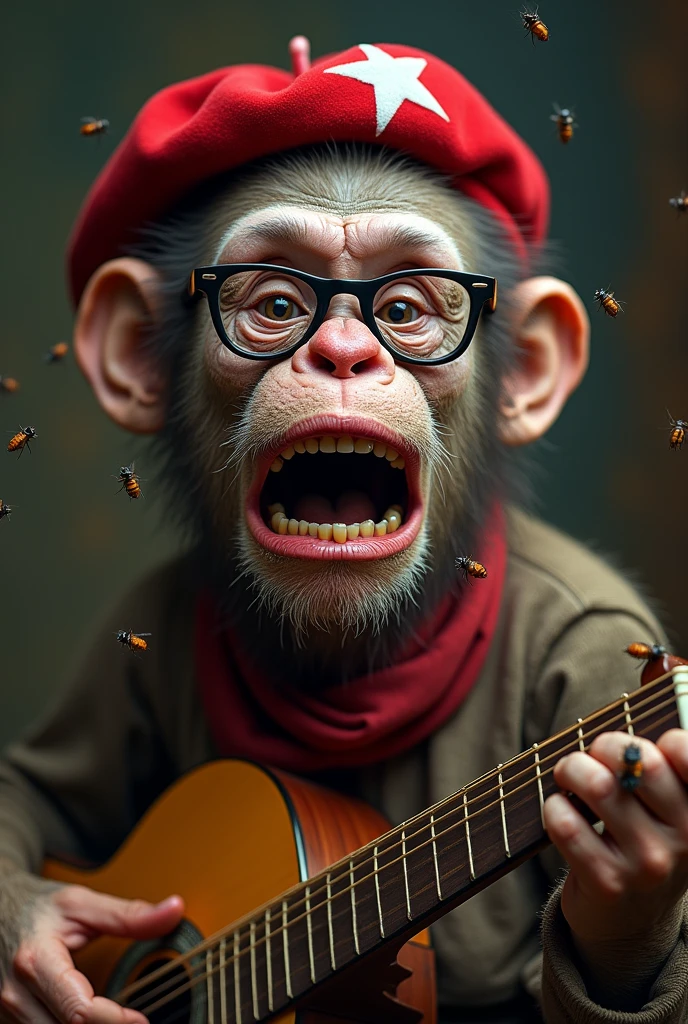 Create a full body image of an ape with a clown face paint, clown nose, using reading glasses, "crying" with many tears in his eyes and running down his face, with open mouth full of brown mud, with a red beret with a white star, a red scarf around the neck, with a wooden guitar in his hand, surrounded by flies.
With dog penises in their mouths