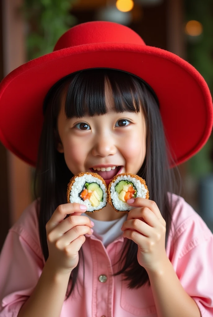 a beautiful young girl, 4k, ultra detailed, a stylish photo showing a girl hooliganely eating Japanese rolls, a girl dressed in a pink blouse, a bright red hat with a wide brim on her head, the photo was taken professionally, high detail